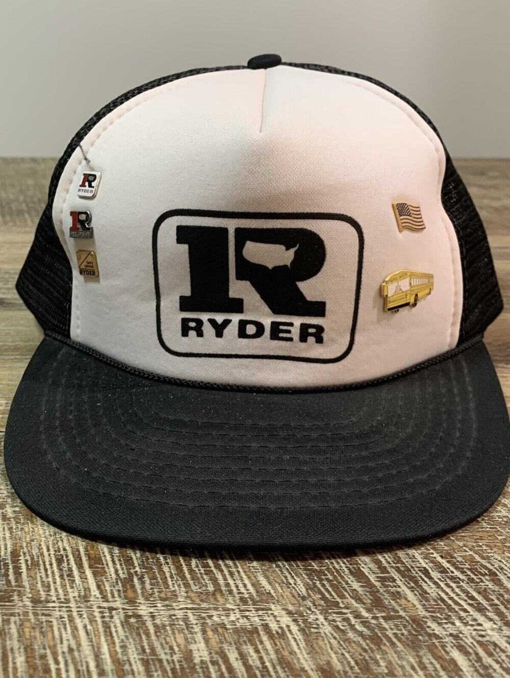 Vintage Ryder Mesh Snapback Hat w/ Pins – Adjustable Trucker Cap – Black White